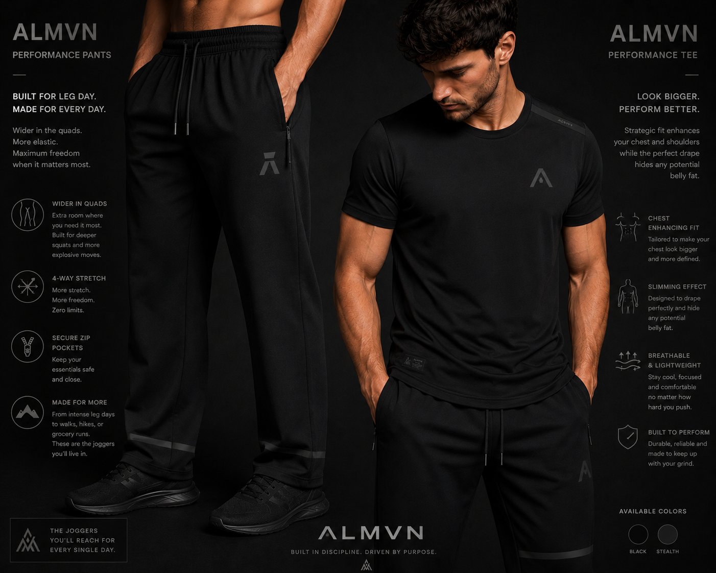 ALMVN Performance Tee and Performance Pants in black